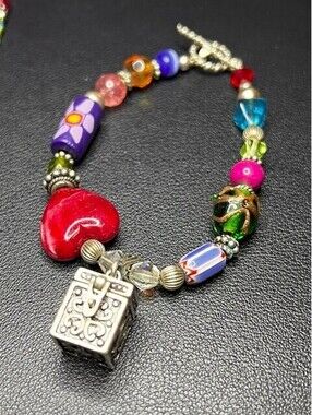 B6093 Art Glass Bead Toggle Bracelet Sterling 925 Locket Charm 8" Prayer box